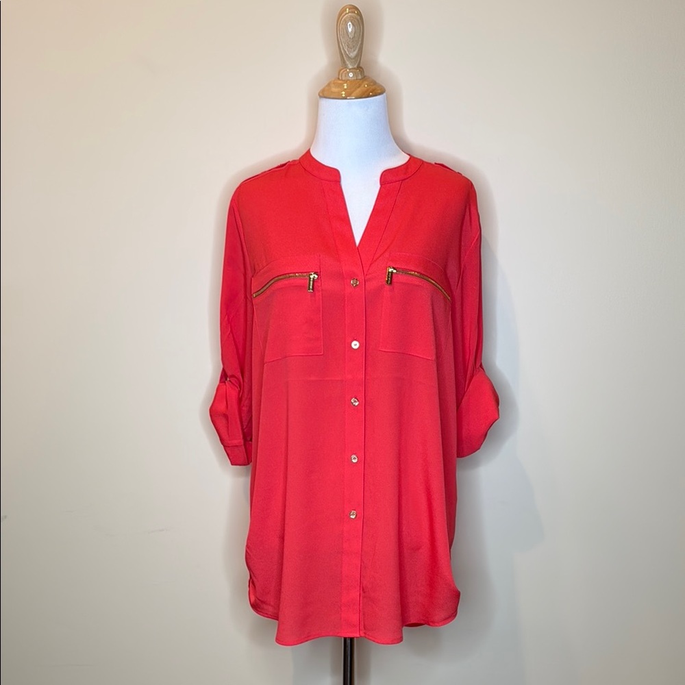 Calvin Klein Women's Orange Button-Up Top With Gold Accents